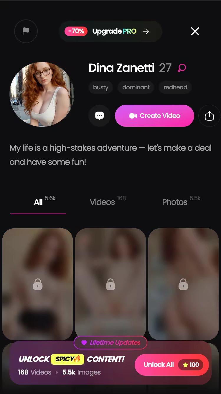 GoLove.ai character profile with her video and photo library — ai gilf