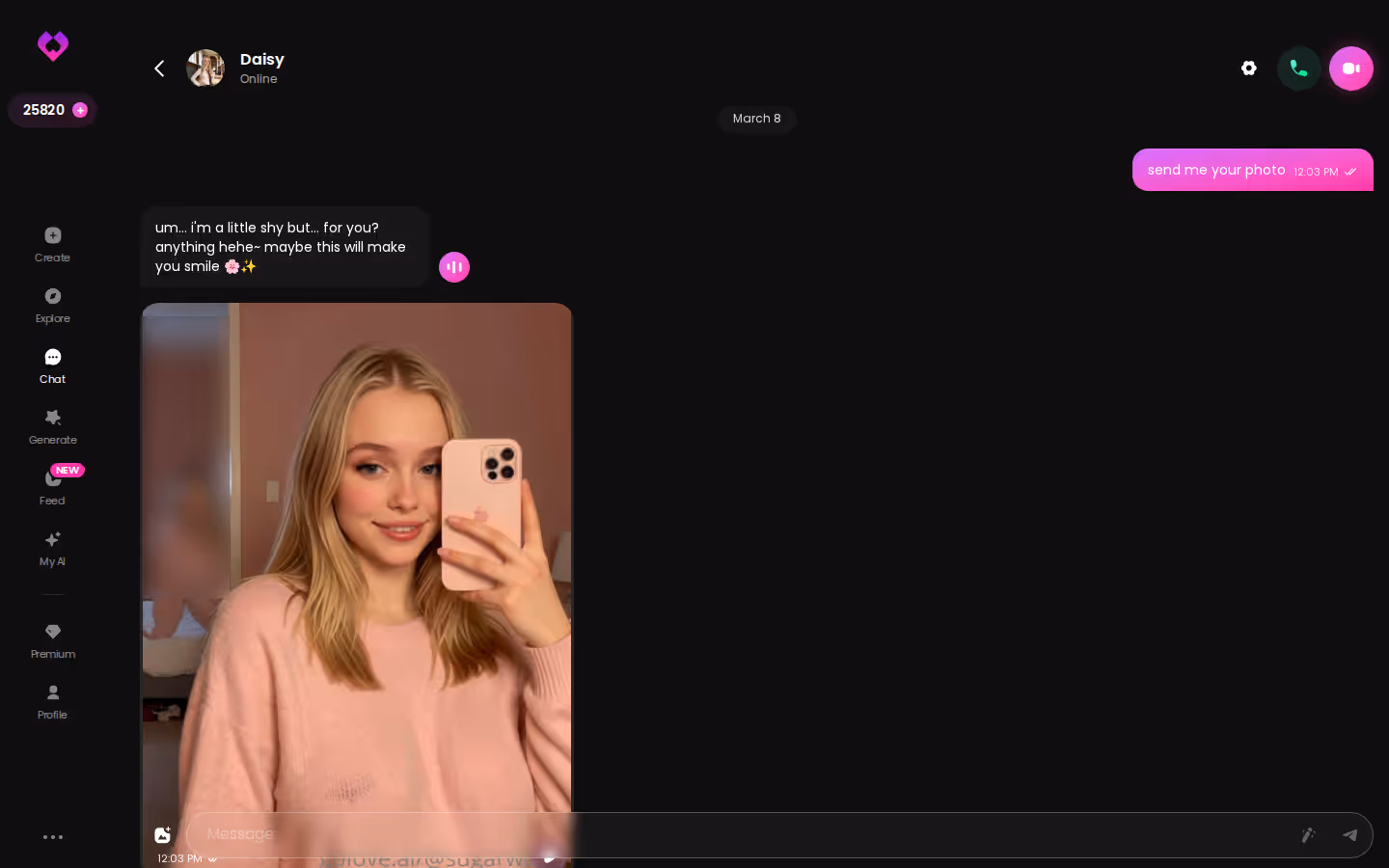 A long, photo-heavy GoLove chat on desktop — the scene continues without a re-prompt