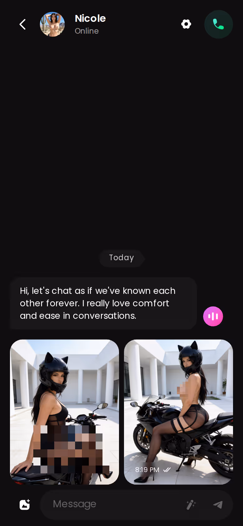 GoLove.ai mobile chat thread with an AI girlfriend replying in context