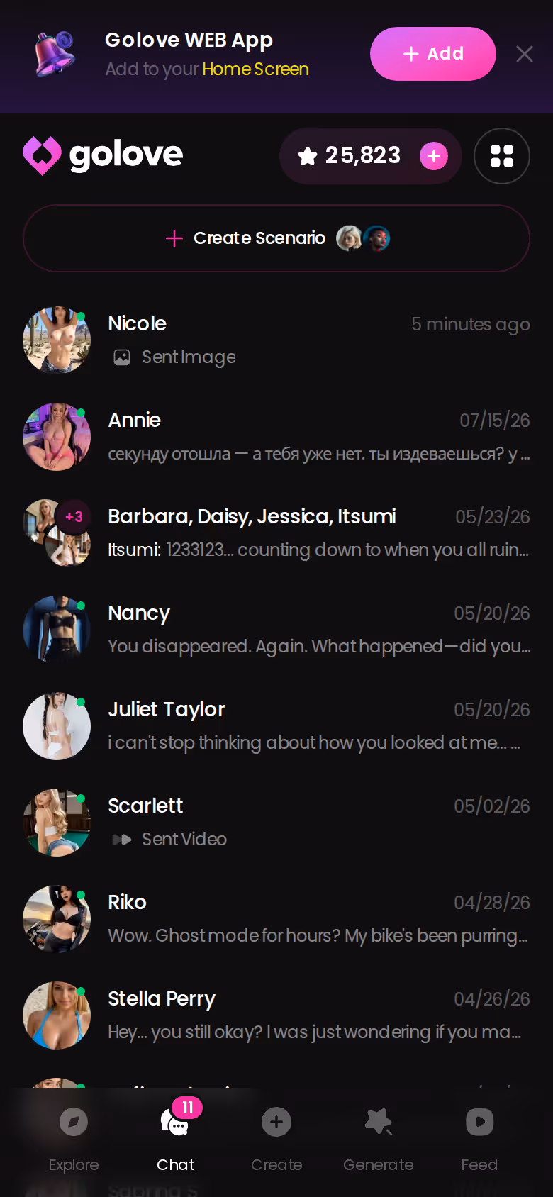 GoLove mobile Chats page listing ongoing conversations with AI girlfriend characters