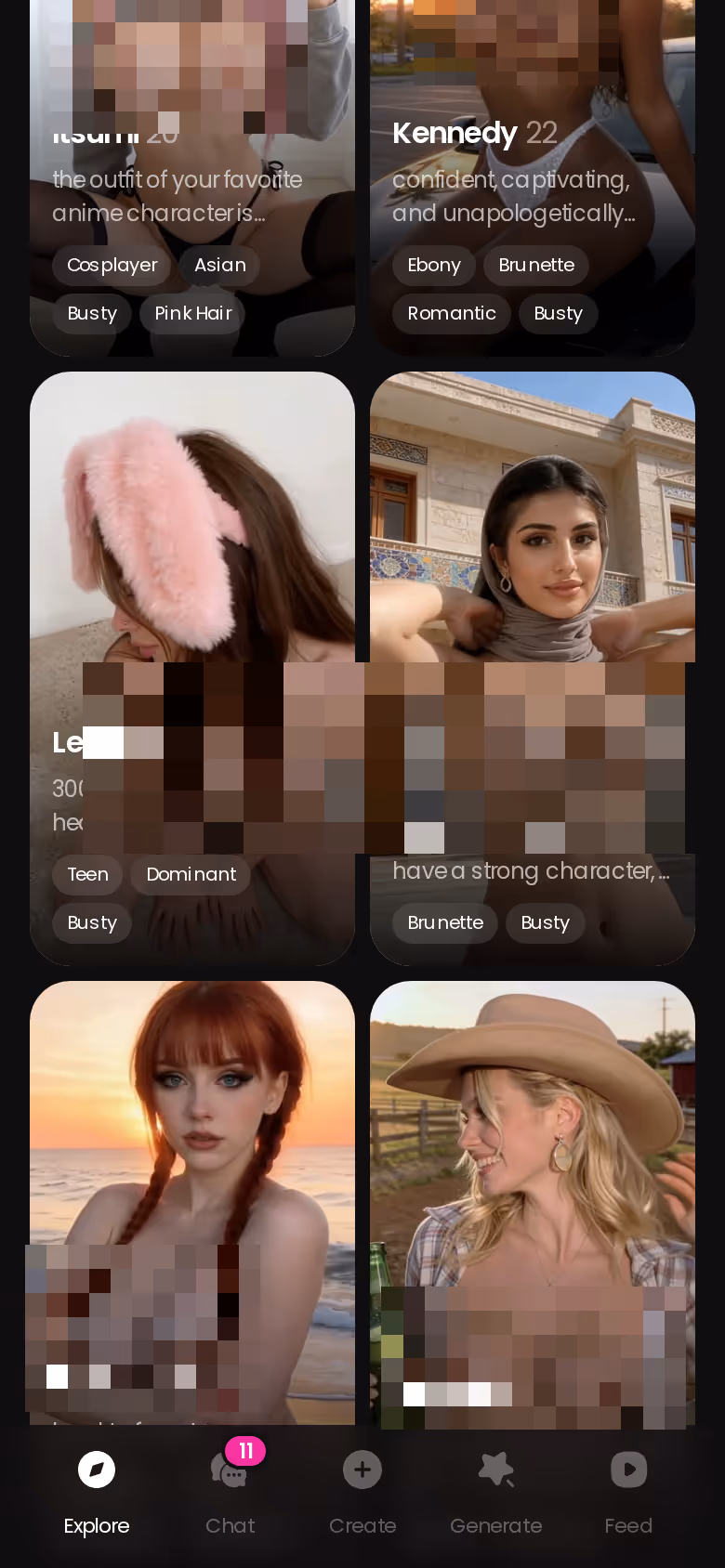 GoLove.ai mobile Explore grid showing realistic AI girlfriend characters