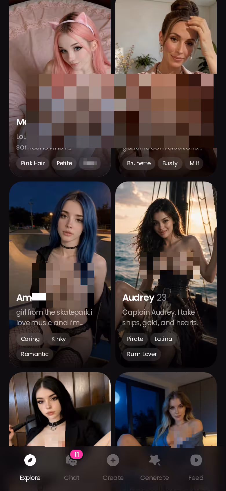 GoLove.ai mobile Explore page with realistic AI girlfriend character cards
