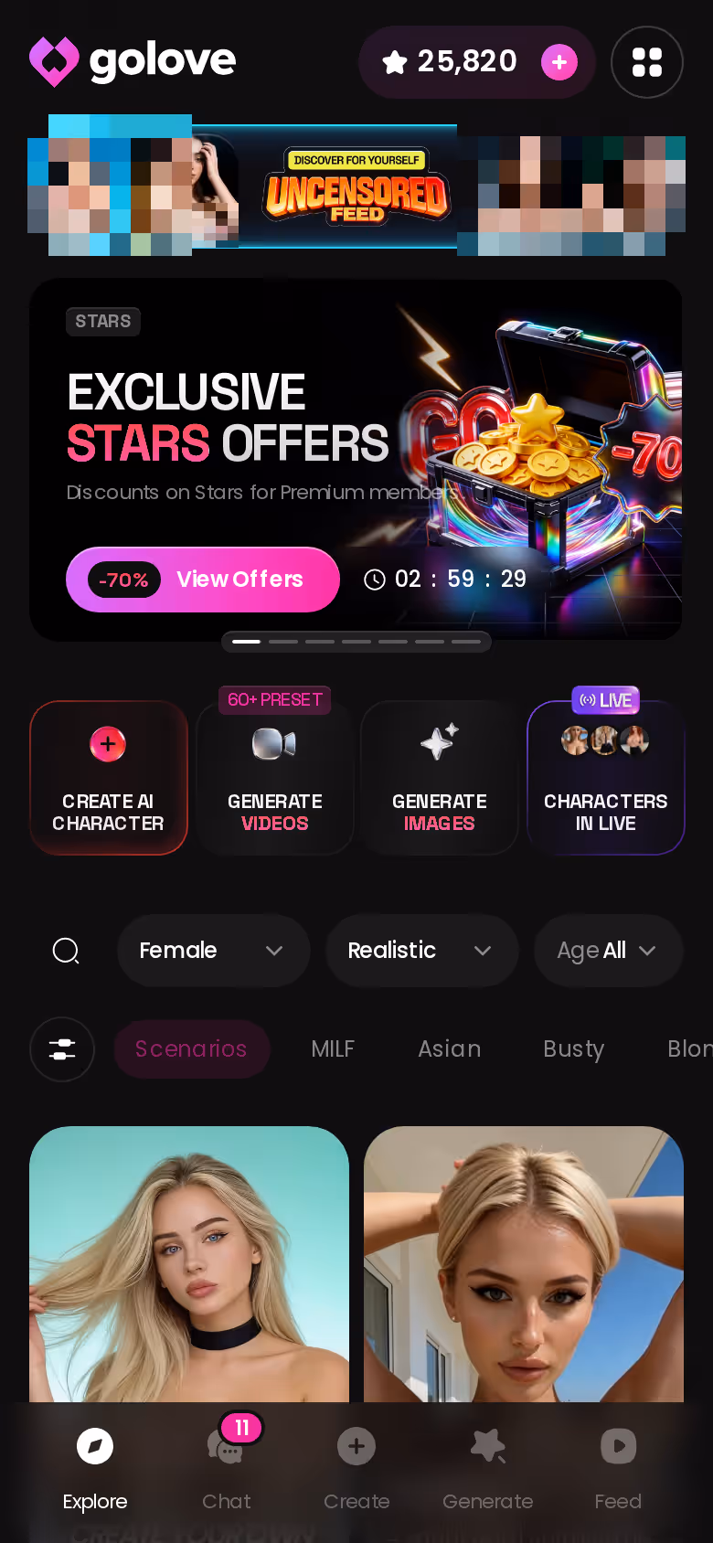 Mobile GoLove.ai Explore page with banners and character grid — dreamjourney ai