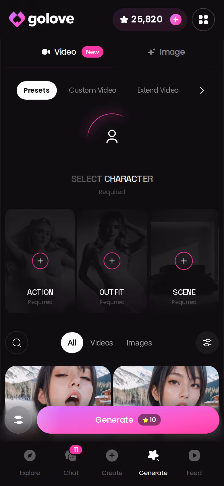 GoLove mobile generator hub showing the full set of Image and Video modes