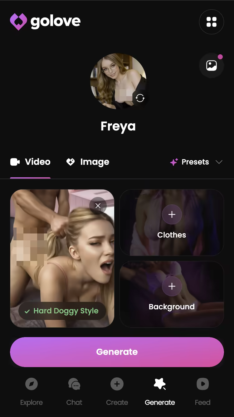 Explicit action preset selected in the GoLove.ai video generator — dreamjourney ai