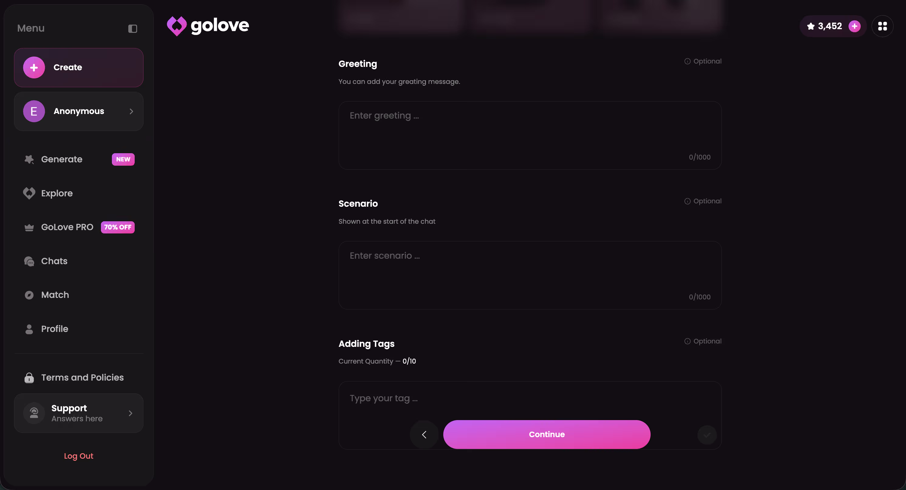 GoLove.ai personality controls for temperament, openness and kink level